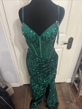 Emerald Green Sequin Corset Prom Dress with Spaghetti Straps